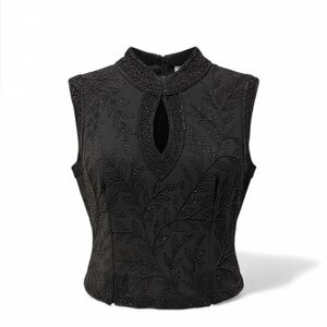 Black Beaded Sleeveless Evening Top | Fitted XL | Statement Piece | Keyhole Neck
